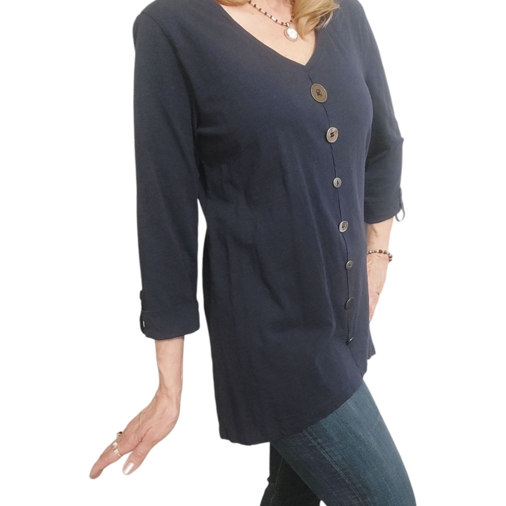 JM Collection Navy V-Neck Button Front Tunic - Picture 2 of 8